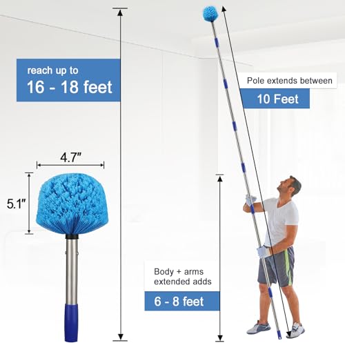 Cobweb Duster with Extension Pole - 10 FT Lightweight Stainless Steel Extendable Duster Ceiling Fan Duster for High Ceilings, Medium Stiff PET Bristle Spider Web Brush for Indoor/Outdoor Cleaning - size: 10FT
