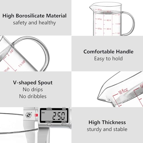 Luvan 18OZ/500ML Glass Measuring Cup, 2 Cup Glass Measuring Cups With 3 Scales (Ml/Oz/Cup), High Borosilicate Measuring Cup With Handle and V-Shaped Spout, Dishwasher/Freezer/Microwave Safe - color: 18Oz/2Cups/0.5L