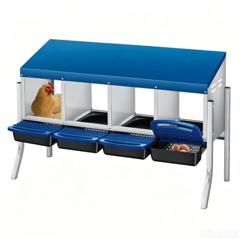 Galvanized Steel Chicken Nesting Box 4 Compartment with Pull Out Tray, Roll Away Nest Boxes for Laying Hens Egg Collection, Wall Mount Poultry Nest Box for Coop with Handle, Blue, with Legs - color: Blue, size: 4 Compartments with Support Legs