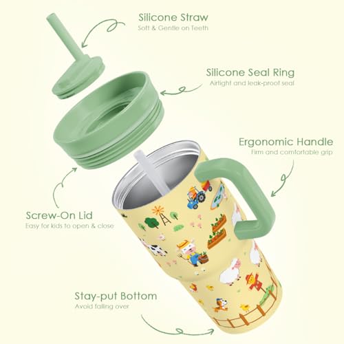 SANDJEST Farm Animals Stainless Steel Tumbler 20oz with Handle and Silicone Straw Locking Lid for Kids Boys, Birthday Christmas Back to School - color: Farm Animal