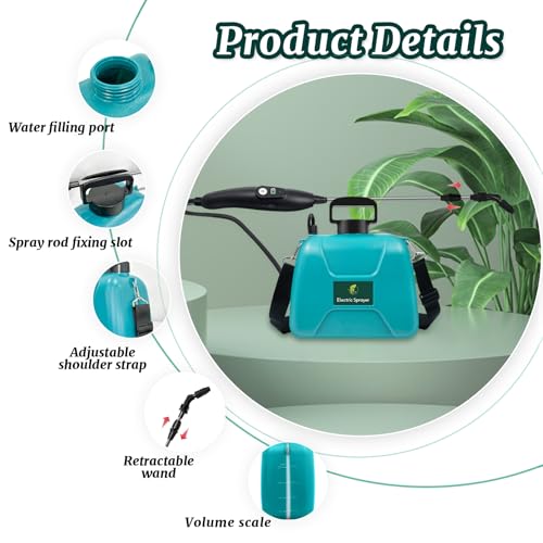 1.35 Gallon Battery Powered Sprayer, Electric Pump Sprayer in Lawn & Garden | USB Rechargeable Handle, 3 Mist Nozzles, Retractable Wand, Yard Sprayers with Adjustable Shoulder Strap for Yard, Garden - color: Blue-green, size: 1.35 Gallon