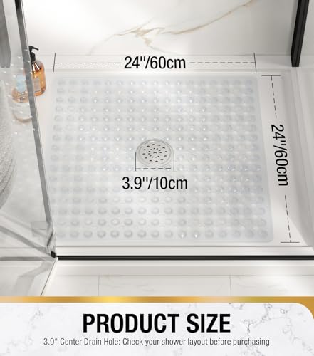 HITSLAM Non Slip Shower Mat, Square Bathtub Mat, 24x24 Inch, Clear | Diamond Textured PVC Bath Mat With Suction Cups, Shower Stall Mat with Center Drain Hole, Strong Grip, Machine Washable - color: Clear