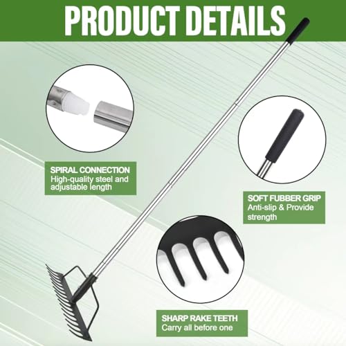BARAYSTUS 16" Wide Bow Rake, Adjustable Garden Rake for Lawn & Yard | Lightweight metal rake with 16 steel tines , adjustable long handle for lawn care, soil loosening, thatch removal