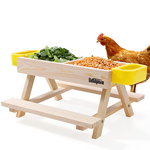 Boulphia Chicken Feeders and Waterers, Chicken Feeder No Waste Kit with Picnic Table and 2 Water Feeder, Handmade Wooden Chicken Supplies & Accessories for Chicken Coop - color: Natural Solid Wood