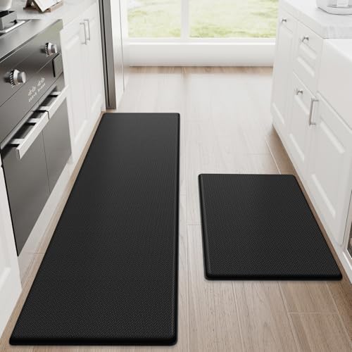 StepRite Kitchen Mats for Floor, 2-Piece Anti-Fatigue Kitchen Rugs, Black | 17.3" x 30" + 17.3" x 59", cushioned comfort, water-resistant, easy to clean, non-slip bottom, kitchen floor, standing desk - color: Black, size: 17.3" x 30"+17.3" x 59"-0.4 inch