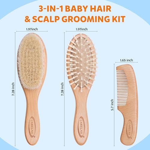 Baby Hair Brush & Comb Set, Organic Wooden Hairbrush Natural Goat Bristles for Newborns & Toddlers, Ideal for Cradle Cap & Itching, Perfect Shower and Registry Gift for Infant, Toddler (3 Piece Set) - size: 3 Piece Set