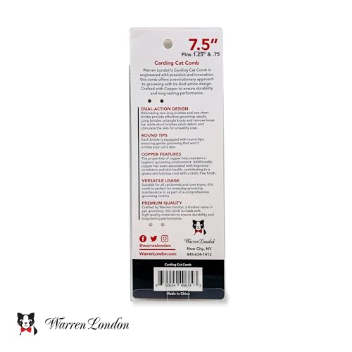 Warren London Carding Cat Comb | 7.5 inches made with Copper | Rounded Tips Prevent Irritation | Dual Tooth Design for Short & Long Hair removes Mats and Tangles - style: Carding Cat Comb