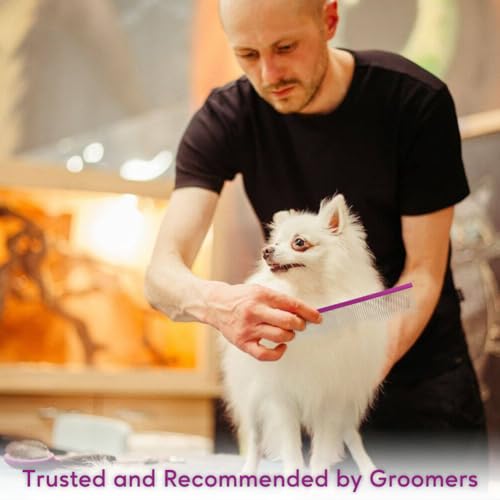 Pet Comb 8 inches Comfortable Grooming Comb with Different-Spaced Rounded Stainless Steel Teeth, Easy Grip and Convenient Grooming for Pets Dog Cat with Medium Coarse Fur - Purple | Easy Grip and Convenient Grooming for Pets Dog Cat with Medium Coarse Fur