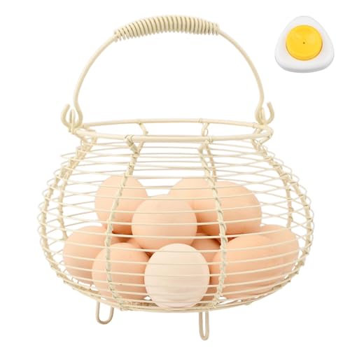 Wire Egg Basket for Gathering Fresh Eggs Holder,Holds About 20 Large Eggs | Retro Handle Egg Gathering Basket,Metal Eggss Holder Countertop,Farmhouse Eggs Storage Container for Farmhouse (White) - color: White