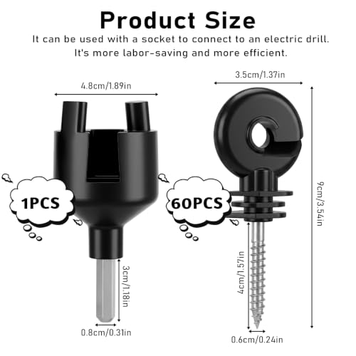 60PCS Electric Fence Insulator Screw with 1 Pcs Insulator Socket Tool, Insulators Fence Ring Post Wood Post Insulators, Screw in Ring Posts Wood Posts Electric FenceRing (Black)