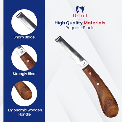 Hoof Knife Double Edged Curved Blade – Stainless Steel Curved Blade Farrier Tool with Wooden Handle, Multipurpose Hoof Trimming Knife for Livestock, 3-Inch Blade, 8.5-Inch Overall (Right Hand) - style: Regular Blade - RH