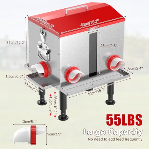 Pawaboo 55LBS Large Capacity Automatic Chicken Feeder | 2026 Upgraded No Waste Poultry Feeder, 7 Feeding Ports, Viewable Feed Level Window - color: Red + Silver
