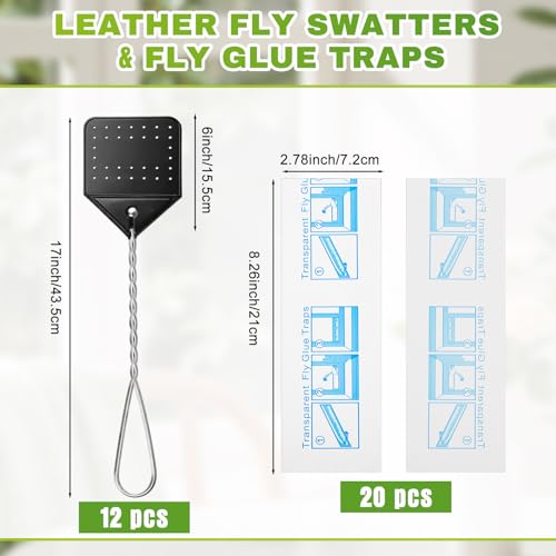 12 Pcs Leather Fly Swatters with 20 Window Sticky Fly Glue Traps, 17'' Heavy Duty Flyswatter with Durable Metal Handle, Disposable Bulk Bug Catcher for Indoor and Outdoor, Home, Kitchen