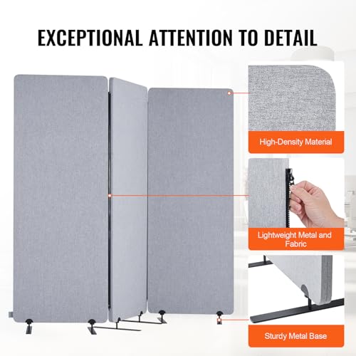 VEVOR 2FT Room Divider, 3 Panel PET Polyester Soundproof Room Screen, Folding Privacy Divider Portable Partition Divider for Room Separation, Freestanding Room Partitions for Office Study, Grey