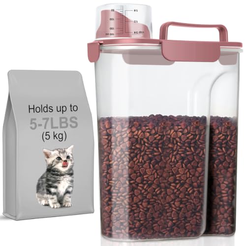 LEAWALK 5-7Lbs Airtight Pet Storage Container For Cat Dog Bird Food and Keep Fresh, Translucent Body, Upgraded Large Nozzle for Easy Pouring With Handle Design Easy to Carry When Going Out-Pink - color: Pink, size: 5L-1pack