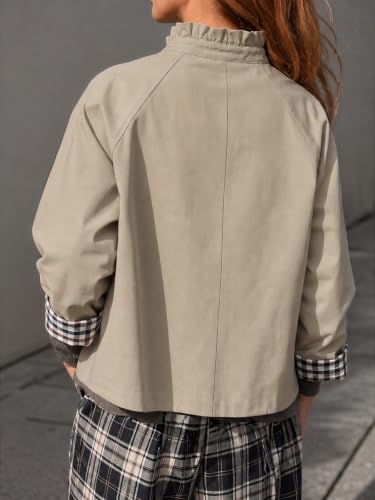 Cicy Bell Womens Ruffle Short Trench Coat Single Breasted Cropped Jackets | Stand Collar, Fall Jackets, Outerwear Coats, Button Down, Plaid Cuffs - color: Dark Khaki, size: XX-Large