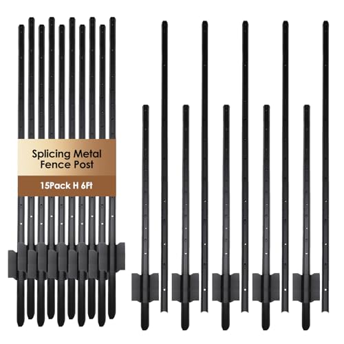 Metal Fence Post 6FT, 15 Pack Heavy Duty T Posts for Garden | Heavy Duty Steel / Black Coating / Rust Resistant / Garden Wire Fence Support / Trellis / No-Dig U Post - size: 6FT-15PCS SPLICING