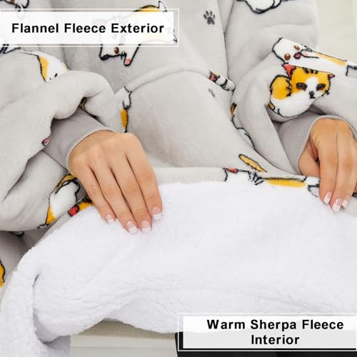 THREE POODLE Wearable Blanket Hoodie, Oversized Long Sherpa Sweatshirt Blanket for Adults Women Men, Warm Cozy Cat Hooded Blanket, Gifts for Mom Girlfriend - color: Cat, size: Adult-Extra Long