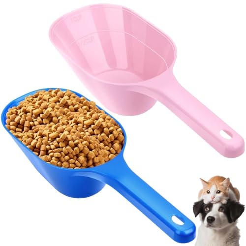 2 PACK Dog Food Scoop,1 Cup Capacity Pet Food Scoop For Dog and Cat | Pink and Blue,Clear Markings for Precise Measuring 1/2 and 1 Cup Lines,Dishwasher Safe,Plastic,Portable and Sturdy - color: pink and blue
