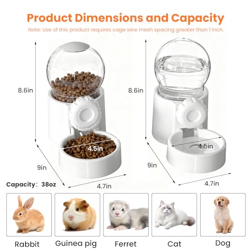 38oz Rabbit Water Dispenser and Feeder Set (White) | Large Hanging Automatic Food Water Dispenser, for Bunny Guinea Pig Chinchilla Ferret Cage Accessories - color: White