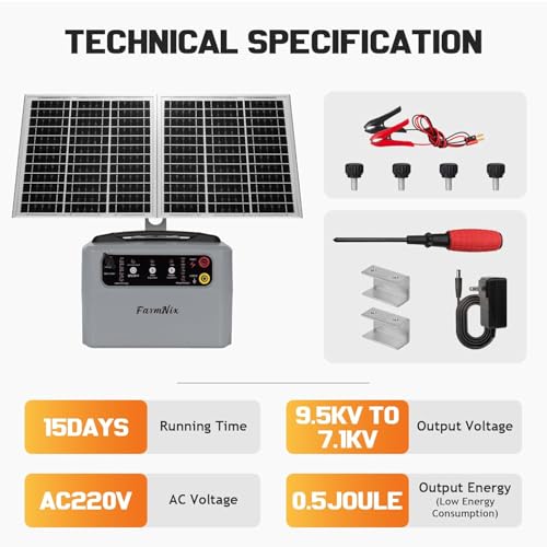 30 Miles/48km Solar Electric Fence Charger,15W Solar Powered Fencer with Adjustable 6KV to 12KV Output (0.3J-1.5J),Battery Level LCD Display,All-Weather Kit for Livestock,Deer,Farm,Yard - color: Gray