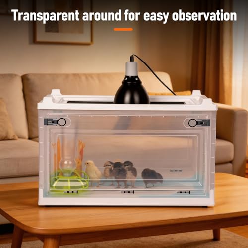 Chick Brooder Box with Adjustable Heat Lamp, Waterer & Feeder | Foldable Plastic Brooder Box for Chicken Chicks Ducks Quail Baby Birds, Transparent Visible, Easy to Clean, Waterproof