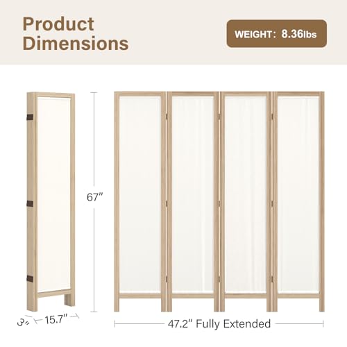 Linen Room Divider Privacy Screen, Foldable Wood Frame Partition Room Dividers with Removable Linen Fabric Curtain, Room Divider Panel, Zero Assembly for Home, Office, or Studio Natural 6 Panel - color: Natural