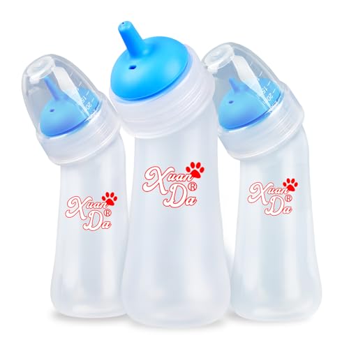 Pet Feeding Bottle,3 Pack Wide Mouth Angled Nursing Bottle, 3 Sizes Nipples with Ventilation Valve Resistant Tearing Perfect for Puppies, Kittens, Small Wildlife（Blue） - color: blue