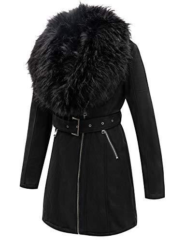 Bellivera Women's Faux Suede Leather Fleece Lined Trench Coat | Mid-length Winter Trendy Jacket Belted Sim Fit Outerwear with Detachable Faux Fur Collar - color: Black Tops, size: X-Large