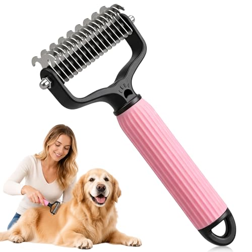Pet Grooming Brush, Double-Sided Deshedding Dematting Tool for Dogs & Cats, Detangling Tool For Matted Fur, Ideal For Medium Or Long Haired Breeds (Pink) - color: Pink