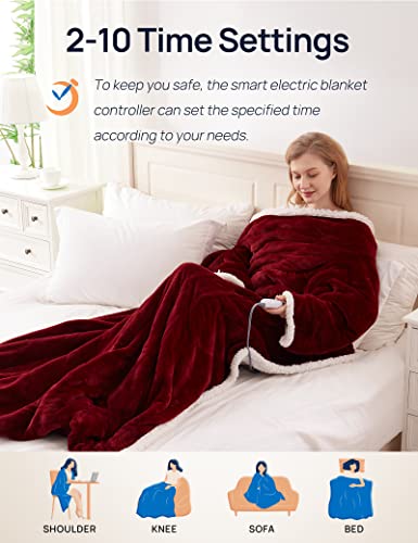 Westinghouse Wearable Heated Blanket with Foot Pocket, Sherpa 50x70+18 Red | Electric Snuggle Throw with Foot Pocket, Flannel Sherpa 6 Heating Levels & 2-10 Hours Auto Shut Off, Home Office Use - color: Christmas Red&ivory, size: 70*50" Heated Snuggle Bla