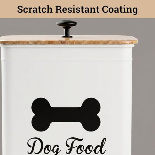 Metal Dog Food Container 5-7lb, 25 Cup w/ Airtight Bamboo Lid, Metal Handle | Pet Jar For Dogs up to 50lbs, Airtight Bamboo Lid, Sturdy Comfortable Metal Handle, Powder Coated Iron, Kibble Storage Bin - color: White: Bone