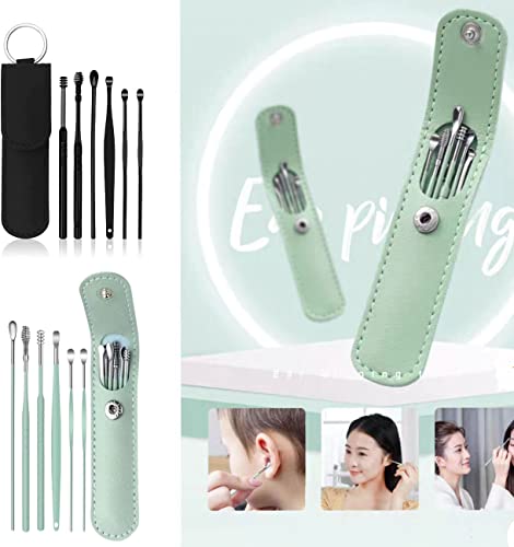 12 Pcs Ear Pick Earwax Removal Kit, Ear Cleaning Tool, Stainless Steel Earwax Removal Tool with Leather Storage Box (Black&Green) - color: Black and Green