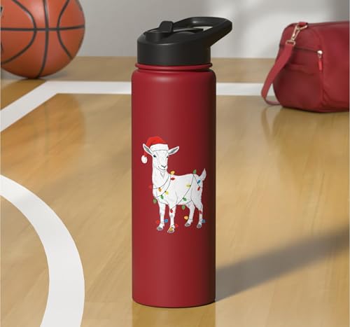 Cute Christmas Goat Kids Santa Hat Holiday Lights Farm Funny Stainless Steel Insulated Water Bottle - color: Red