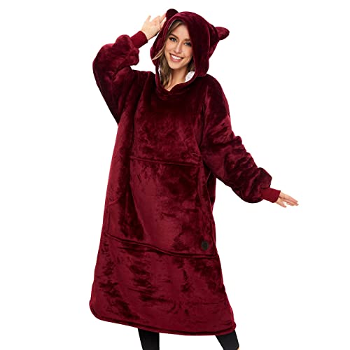 THREE POODLE Wearable Blanket Hoodie, Oversized Sherpa Sweatshirt Blanket for Adults Women Men, Warm Cozy Hooded Blanket, Gifts for Mom Girlfriend - color: Burgundy, size: Adult-Extra Long
