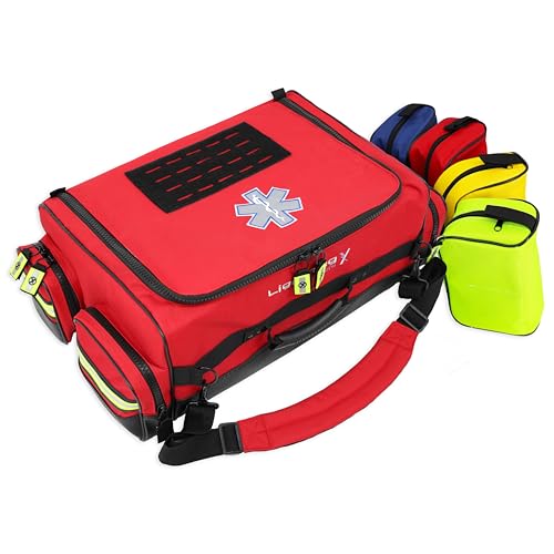Lightning X Fully Stocked X-Tuff Modular Oxygen Trauma Bag w/Removable Organizer Pouches for EMS/EMT + First Responder - Red - color: Red