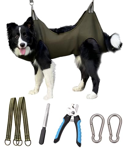 Kkiimatt 10 in 1 Dog Pet Grooming Hammock Harness with Nail Clippers, Nail File,XL Size Dog Hammock for Nail Trimm,Grooming Sling Holder Hanger Restraint for Claw Care - color: Khaki Green, size: XL/Under 80 lb