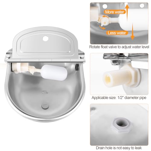 MYFAMIREA Automatic Animal Drinking Water Bowl Stainless Steel Waterer Feeder Farm Dog Dispenser Kit Self Filling for Livestock Horse Goat Water Trough with Float Valve Drain Hole Hose Adapter Bolts - size: 1 PCS