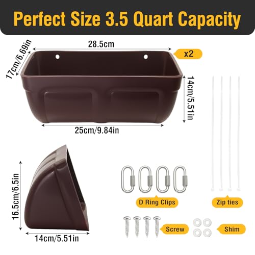 2 Pack Hanging Chicken Feeder Trough for Goat,Sheep,Dog.Livestock Feeding Container Goats Supplies Feeders Waterer Bucket (Brown)