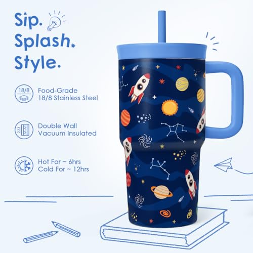 SANDJEST Solar System Stainless Steel Tumbler 20oz with Handle and Silicone Straw Locking Lid for Kids Boys Girls, Birthday Christmas Back to School - color: Solar System
