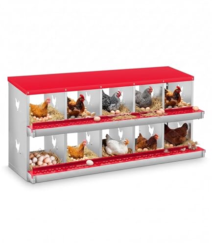 10 Compartment Chicken Nesting Box, Heavy Duty Metal Laying Box with Perch, Easy Assembly & Easy Clean for Outdoor Chicken Coop, Red - color: Red, size: 10 Compartment