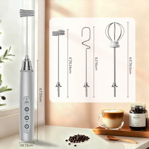 Colarlemo Milk Frother Handheld Rechargeable, Frother Wand Drink Mixer Electric Whisk for Coffee, Detachable With 3 Stainless Whisks, Hand Mixer for Lattes, Cappuccino, Matcha, Egg, No Stand, Silver - color: Silver, style: without stand