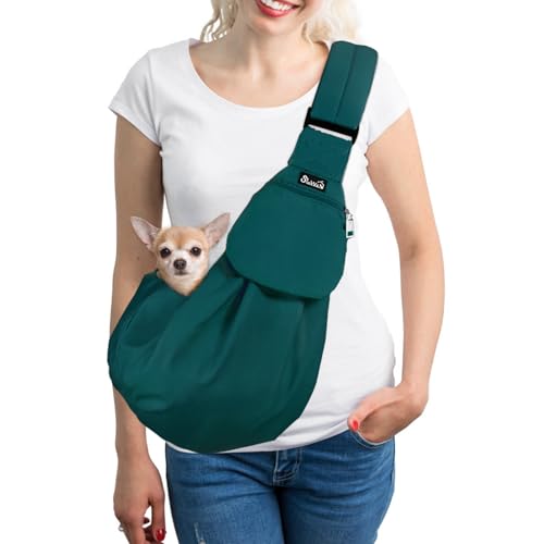 SlowTon Dog Carrier Sling - Thick Padded Shoulder Strap Adjustable, Green S | Dog Carriers for Small Dogs, Puppy Carrier Purse for Pet Cat with Front Zipper Pocket Safety Belt Machine Washable - color: J-Green Cotton Fabric