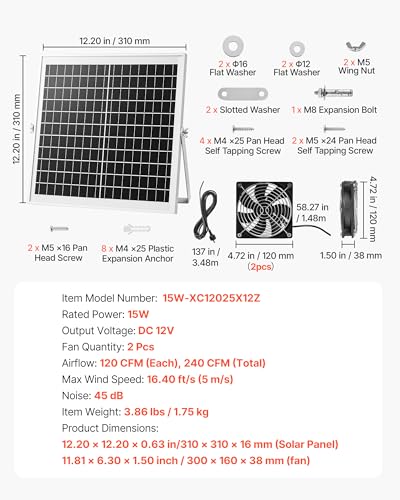VEVOR Solar Powered Fan, 15W Solar Panel with 2 Fans, Adjustable Solar Panel Angle, 2668 RPM High-Speed, Flexible Installation, Fast Air Exchange for Greenhouse, Grow Tents, Chicken Coops, Shelters - size: 4.7" Fan×2 -15W