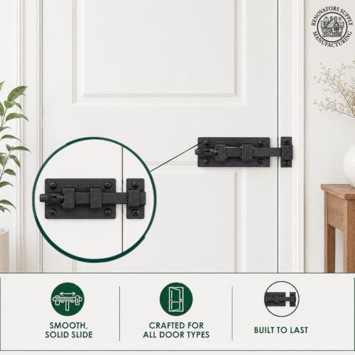 Renovators Supply Manufacturing Black Slide Bolt Door Latch 3 7/8 in. Long Wrought Iron Metal Surface Sliding Bolts with Catch for Cabinet Doors Rust Resistant Security Locks with Hardware Pack of 2 - size: Pack of 2, style: 3.88 inch - Curled Tail