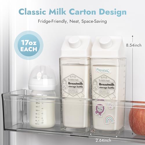 Papablic Glass Breast Milk Pitcher, 17oz 2-Pack Breastmilk Storage Containers for Pitcher Method Feeding, BPA-Free Leakproof Baby Formula & Milk Storage Bottles, Fridge Safe, Includes Cute Stickers