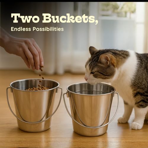 6Qt Stainless Steel Hanging Water Bucket for Dog Kennel 2-Pack | Food & Water Pail, 1.5 Gallon Capacity, Heavy-Duty, Round Design with Carry Handle, Ideal for Dog, Cats, Goats & farm animals - size: 6 Quart (Pack of 2)