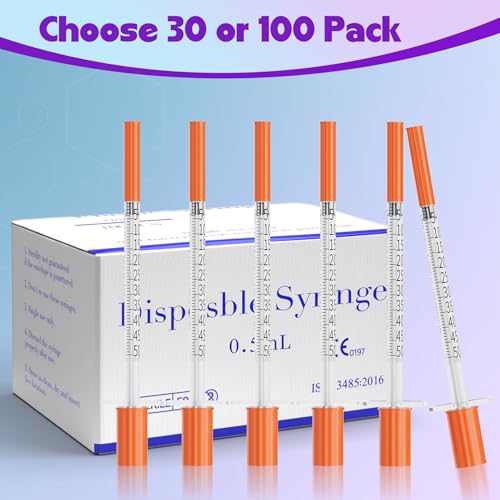 0.5ml Syringes 29G 1/2" 13mm Needle U-100 Disposable Lab Syringe, 30 Pack - size: 29G 1/2cc 1/2" (13mm)