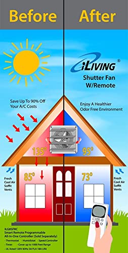 iLiving 10" Shutter Exhaust Fan with Wireless Smart Remote Controlled Thermostat and Humidity, Variable Speed Wall Mounted Attic Vent Fan, Chicken Coop Ventilation, 820 CFM, 1200 SQF Coverage Area - size: 10 inches