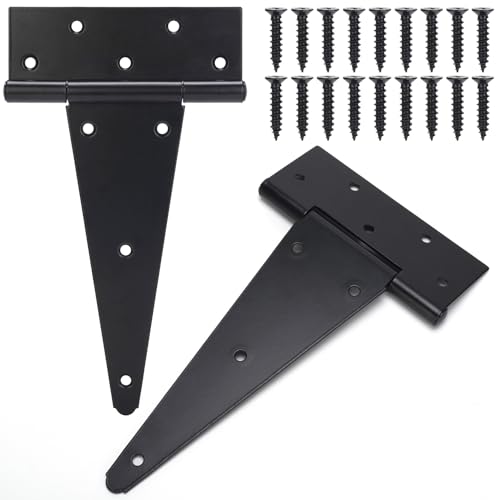 10 Inch T-Strap Gate Hinges, Shed Barn Door Hinges Heavy Duty, Black Tee Hinges for Wooden Fences, Yard Gate, Wrought Hardware Iron Rustproof (2 Pack/Set) - size: 10 Inch